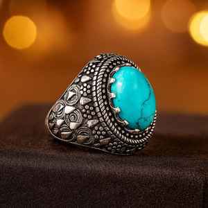 Oval Turquoise Ring 925 Sterling <b>Silver</b> Handmade Vintage Jewelry For Women Statement Ring Wholesale Supplier - Product Image 4