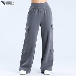 Women's High-waisted Cargo Wide Leg Sweatpants Custom Casual Cotton Fleece Streetwear Joggers Baggy <b>Trousers</b> Pocket Pants <b>Winter</b> - Product Image 1