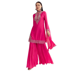 Rosa Dola seta Kurta Set con ricamo Zardosi e girocollo Dupatta per le feste Festive all'ingrosso matrimoni Sangeet e massa - Product Image 2