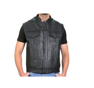 Gilet en cuir de moto pour hommes avec poche dissimulée lacets réglables Gilet en cuir pour motards - Product Image 1