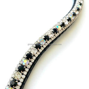 Banda para la frente de calidad premium de caballo de cuero genuino ecuestre de alta calidad con cadena de cristal negro y AB de 3 filas en todos los colores personalizados - Product Image 2
