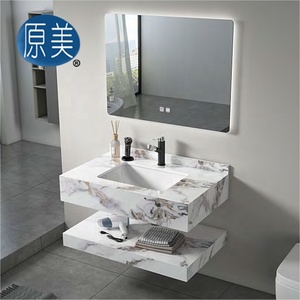 <span class=keywords><strong>Lavabo</strong></span> de cerámica bajo encimera de doble capa de diseño moderno, fregadero de mármol de piedra sinterizada, juego de gabinete de baño con espejo para Hotel - Product Image 5