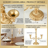 Candelabro Francés de Metal, Portavelas de 3 Brazos, Candelabro Alto para Centro de Mesa de Boda, Decoración Navideña para el Hogar