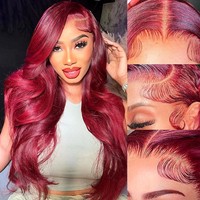 Vente en gros 5x5 HD dentelle fermeture perruque 99J vague de corps cheveux humains couleur bordeaux sans colle pré plumé transparent dentelle fermeture perruques