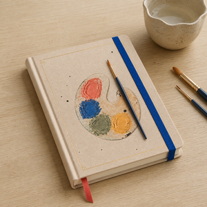 Cuaderno de Paleta de Artista Personalizado LABON, Tapa Dura de Lino Beige, Borde con Lámina Dorada, Pinturas Impasto, Pincel, Cinta Azul Rey y Coral - Product Image 4