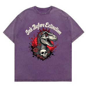 Nuovo arrivo Unisex lavata inchiostro prima dell'estinzione tatuaggio ispirato al teschio di dinosauro e rose Art Graphic t-shirt. - Product Image 5