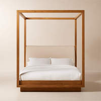 Lit Queen Moderne Laudya avec Ciel de Lit Réglable en Hauteur, Tête de Lit en Bois de Teck Massif Écologique et Coussins en Tissu Crème Naturel