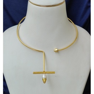Gold-Plated Brass Freshwater Pearl <b>Statement</b> <b>Necklace</b> Unisex Geometric Design 22" Length Festival Jewelry - Product Image 1