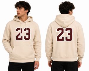 เสื้อฮู้ดดี้ผู้ชายสีแดงเลือดหมู พิมพ์ลายหมายเลข 23 กระเป๋าหน้า ทรงหลวม สวมใส่สบายสำหรับฤดูใบไม้ร่วง ผลิตจากผ้าซาตินใยไผ่ 100% กันลม แห้งเร็ว - Product Image 3
