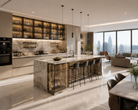 Kabinet Dapur Modular Siap Rakit, Set Lemari Tanpa Gagang Warna Abu-Abu Muda Modern Mewah dengan Fitur Kuarsa Buatan