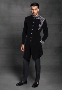 Designer 2024 Indowestern Groom Sherwani Black Embellished Dabka Stone Work Gray <b>Pant</b> Plus Size Breathable for - Product Image 2