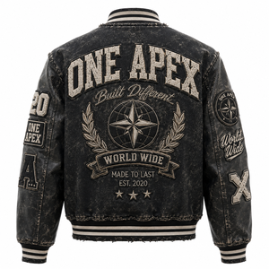 ONEAPEX Custom Black Acid Wash Distressed Vintage Letterman Hooded Breathable Winter <b>Jacket</b> Chenille Patch Streetwear OEM ODM - Product Image 2