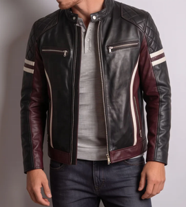 Chaqueta de Motociclista de Cuero Genuino para Hombre, Color Negro y Borgoña, con Bloques de Color, Cuello Alto, Cierre de Cremallera, Corte Ajustado, para Otoño - Product Image 1
