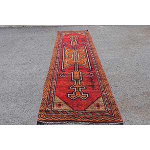 3.4x10.7 ft Vintage Rug, Turkish <b>Runner</b> Rug, <b>Red</b> Orange Floral Rug - Product Image 1