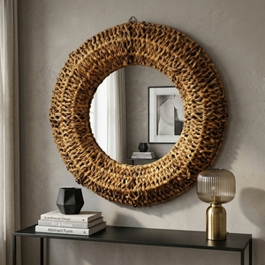 Miroir mural rond en écorce de banane naturelle, cadre tressé épais, miroir de vanité suspendu, décoration artistique pure, décoration de chambre, artisanat bohème, fabrication artisanale - Product Image 6