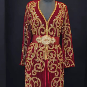 AWAIS HOUSE Moroccan Velvet Kaftan Abaya Women Hand Beaded Solid Plus Size Lightweight Floor Length Long Sleeve High Neck <b>Flared</b> - Product Image 1