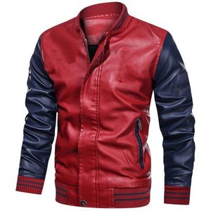 Blouson bombardier moto en faux cuir pour hommes, col montant, polaire, coupe-vent, léger, manteaux de course, vêtements d'extérieur, rouge - Product Image 6
