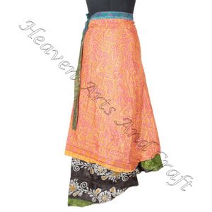 Faldas envolventes de ropa de noche de la India 2 capas Reversible Magic Silk Saris Wrap Falda larga Seda de doble capa Reversible Sarong Sari - Product Image 4