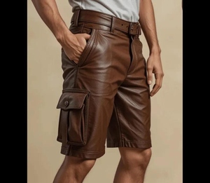 OEM ODM Split Leather <b>Shorts</b> With Breathable Custom Waist Size And Wholesale Leather <b>Shorts</b> For <b>Men</b> Casual Summer Daily Wear - Product Image 4