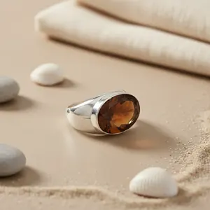 แหวนค็อกเทลทรงเรขาคณิตสีเงินสำหรับผู้หญิง ประดับพลอยซิทริน ชุบโรเดียม แพลตตินัม และทองคำขาว - Product Image 2