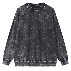 Sudadera de hombre de algodón 100% de 360 g, negra, holgada, con efecto desgastado, lavado ácido y decoloración solar, estilo streetwear con hombros caídos - Product Image 1