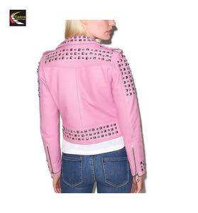 แจ็กเก็ตหนังสีชมพูประดับหมุดสำหรับผู้หญิงเสื้อผ้าชั้นนอกมีสไตล์ - Product Image 3