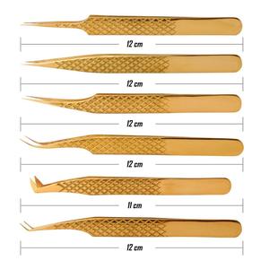 Pinzas de pestañas profesionales personalizadas de etiqueta privada Empuñaduras de diamante dorado para mujer Puntas de fibra de volumen recto Acero inoxidable - Product Image 3