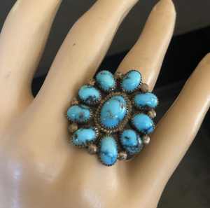 Vintage Sterling Silver <b>Ring</b> Brilliant Blue <b>Turquoise</b> Cluster Size 7 Oval Cut Natural Stone Bezel Setting Trendy Wedding Party - Product Image 2