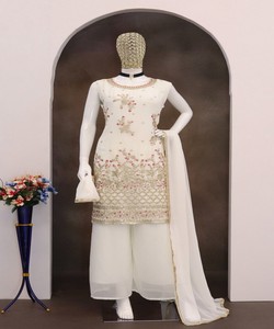 Ensemble haut, palazzo et dupatta en géorgette de soie à l'aspect riche, avec broderie et sequins, pour soirée, prix de gros, design ethnique moderne pour femmes - Product Image 1