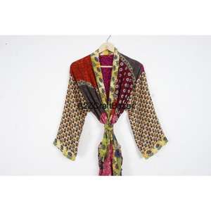 Women's Silk Sari Patchwork Printed Bohemian Robe V-Neck Drawstring Full Length <b>Long</b> <b>Sleeves</b> Breathable Elegant Summer Beachwear - Product Image 2