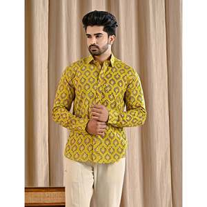 Chemise décontractée en popeline de coton jaune pour homme, respirante, taille XL, à manches courtes et sans col, 100 % coton imprimé - Product Image 3