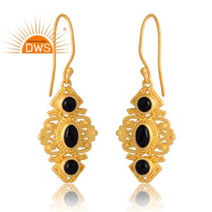 Vente chaude en argent sterling plaqué or 18 carats naturel Onyx noir pierre précieuse boucle d'oreille Design Demi Fine fabricant de bijoux - Product Image 3
