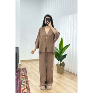 Conjunto de Dos Piezas LUSTRIN para Mujer, Blusa Cruzada de Mezcla Modal y Pantalones Anchos de Cintura Alta con Detalle de Lazo en la Cintura, Atuendo Casual Marrón - Product Image 2