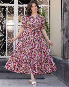 Robe de mariée imprimée florale en coton indien fait à la main élégante longue tenue de fête avec taille naturelle tissée mode d'été pour les femmes - Product Image 4