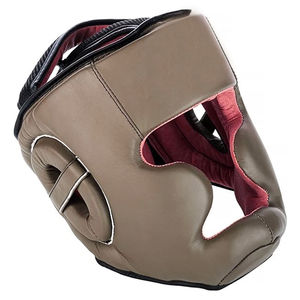 Logotipo personalizado MMA Head Guard Khaki Black Boxing Cascos para Thai Kickboxing Taekwondo Fight Combat Protección facial Hecho de cuero - Product Image 2