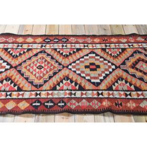 Alfombra Turca Vintage de 3.3x13.1 pies, Alfombra de Lana Geométrica Marrón y Rosa - Product Image 3