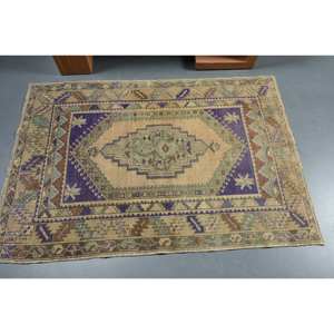 Tapis turc vintage classique Beige et violet 3.6x5,1 pieds laine PVC grande surface salon tapis Latex support pour couloir motif - Product Image 3