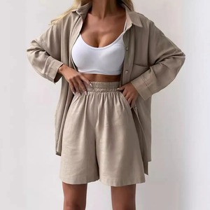 Chemises ensembles courts femmes décontracté costume ample à manches longues simple boutonnage chemises haut deux pièces ensemble taille haute Shorts élégant - Product Image 4