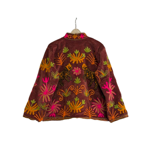 Veste Ziana en velours brun chocolat riche, style bohème, brodée à la main, style universitaire, manches courtes, coton, automne/hiver - Product Image 4