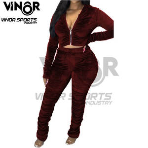 Sweat-shirt à capuche zippé confortable pour femme et pantalon froncé survêtement 2 pièces en velours empilé pour vêtements de sport automne/printemps - Product Image 3