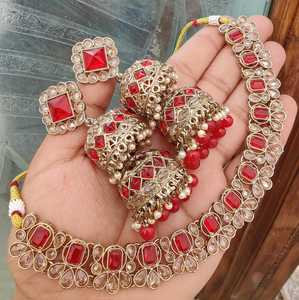 สร้อยคอเพชรสไตล์อเมริกันแบบย้อนกลับคุณภาพพรีเมี่ยมพร้อมต่างหูที่สวยงามสร้อยคออินเดียแบบดั้งเดิมพร้อม Jhumkas สำหรับผู้หญิง - Product Image 2