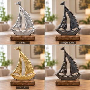 Estatua Metálica de Velero Costero, Decoración de Mesa con Base de Madera, Escultura Decorativa Náutica para el Hogar, Oficina, Sala de Estar - Product Image 3