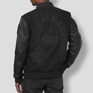 Veste universitaire noire pour hommes, manches en cuir, patch brodé, bombardier Letterman monochrome, streetwear de luxe, mode 2025 - Product Image 6