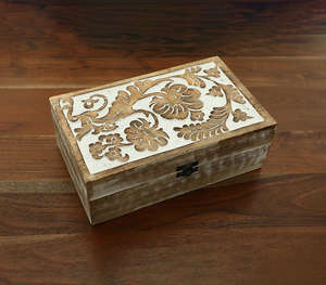 Luxury Handcrafted Brown Wooden Jewelry <b>Box</b> With Detailed White Floral Carved Lid Rectangular Storage Organizer For <b>Keepsakes</b> - Product Image 3