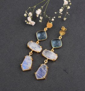 มูนสตันธรรมชาติพร้อมต่างหูท็อปาสสีน้ําเงิน ต่างหูห้อยเงินแท้ 925 - Product Image 5