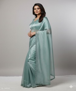 Sari Moderno GMY de Seda con Bordado de Encaje Hecho a Mano y Blusa Sin Coser, para Fiestas, Bodas y Eventos Festivos, Color Cielo - Product Image 3