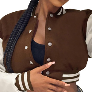 High Quality Latest Design Women Cropped Varsity Jacket <b>Brown</b> Color Cow Hide Leather Sleeve Lettermen Embroidered Street Style - Product Image 4