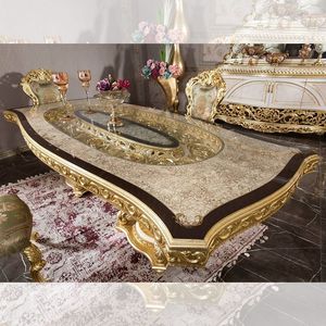 Majestic The Langham Luxury Teak Hand Carved Marble <b>Top</b> Dining <b>Table</b> Classic Royal Baroque Hotel Villa Palace Furniture collect - Product Image 5