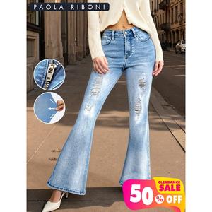 Paola Riboni Women's High Waist <b>Flare</b> Denim <b>Jeans</b> Solid Pleated Light Wash Full Length <b>Vintage</b> Style Casual Wear - Product Image 2