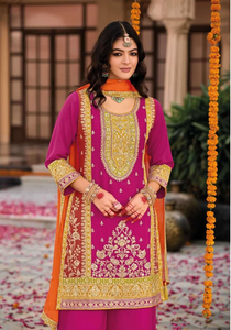 Conjunto de Chinon nupcial Salwar Kameez de algodón hecho a mano de alta calidad con bordado Plazzo y Dupatta para bodas ocasiones especiales - Product Image 4
